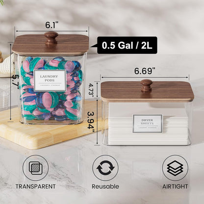 HomePekite Laundry Pods Storage Container, Clear Laundry Room Organization and Storage ,Detergent Powder Container,with Wooden Lids & Labels, 3+1 Pack