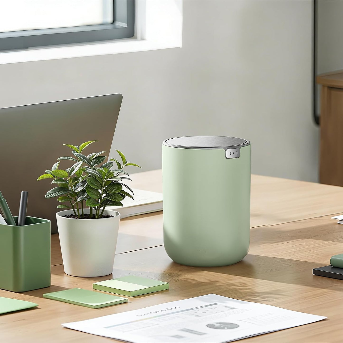 EKO Fandy 0.58 Gal/2.2L Mini Trash Can with Lid, Swing-Top Desktop Trash Can for Bathroom, Countertop, Vanity, Desk or Office, Small Garbage Bin (Blue)