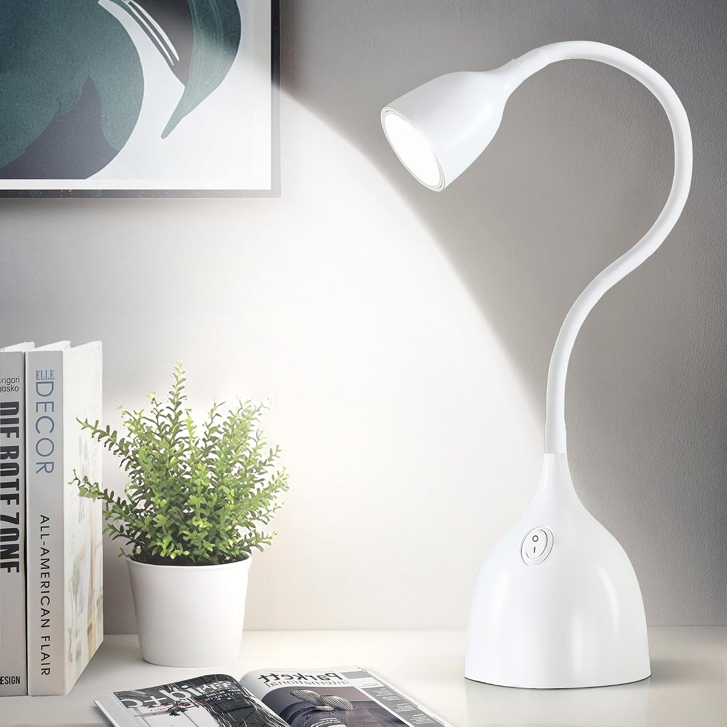 EJIAXIN Desk Lamp for Home Office - Clip on Reading Light and Bed Headboard Clamp Lamp, Bedside Gooseneck Table Lamp, Clip on Desk Lamps, Eye-Caring Desk Lamp for College Dorm Room Study Lamp, White