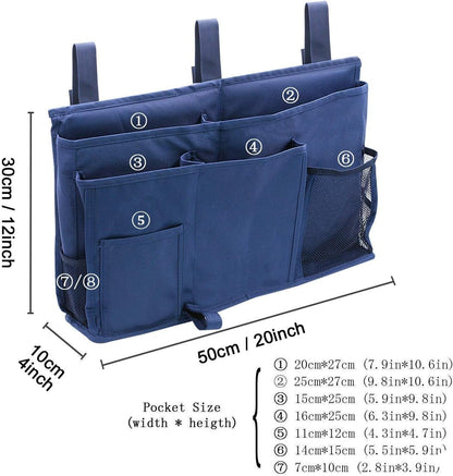 Bedside Caddy Improved With 3 POM Buckles -Hanging Organizer For Phone, Magazine, Accessory&Remote -Best For Dorm Room, Bunk Bed, Hospital Bed, Bed Rail, Headboard, Apartment, Bathroom&Travel