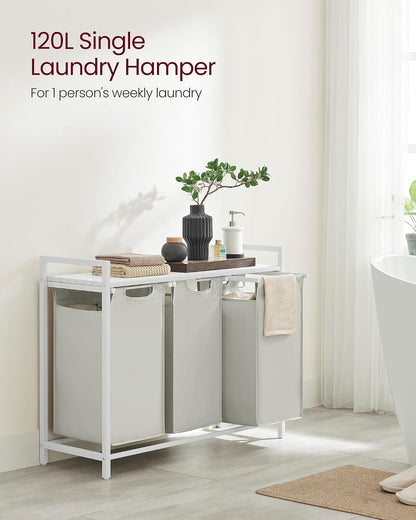 VASAGLE Laundry Hamper, Laundry Basket Sorter with 3 Pull-Out and Removable Bags, Shelf, Metal Frame, 3 x 10.6 Gallons (40 L), 36.4 x 13 x 28.4 Inches, Cappuccino Beige and Natural Beige UBLH301LH01