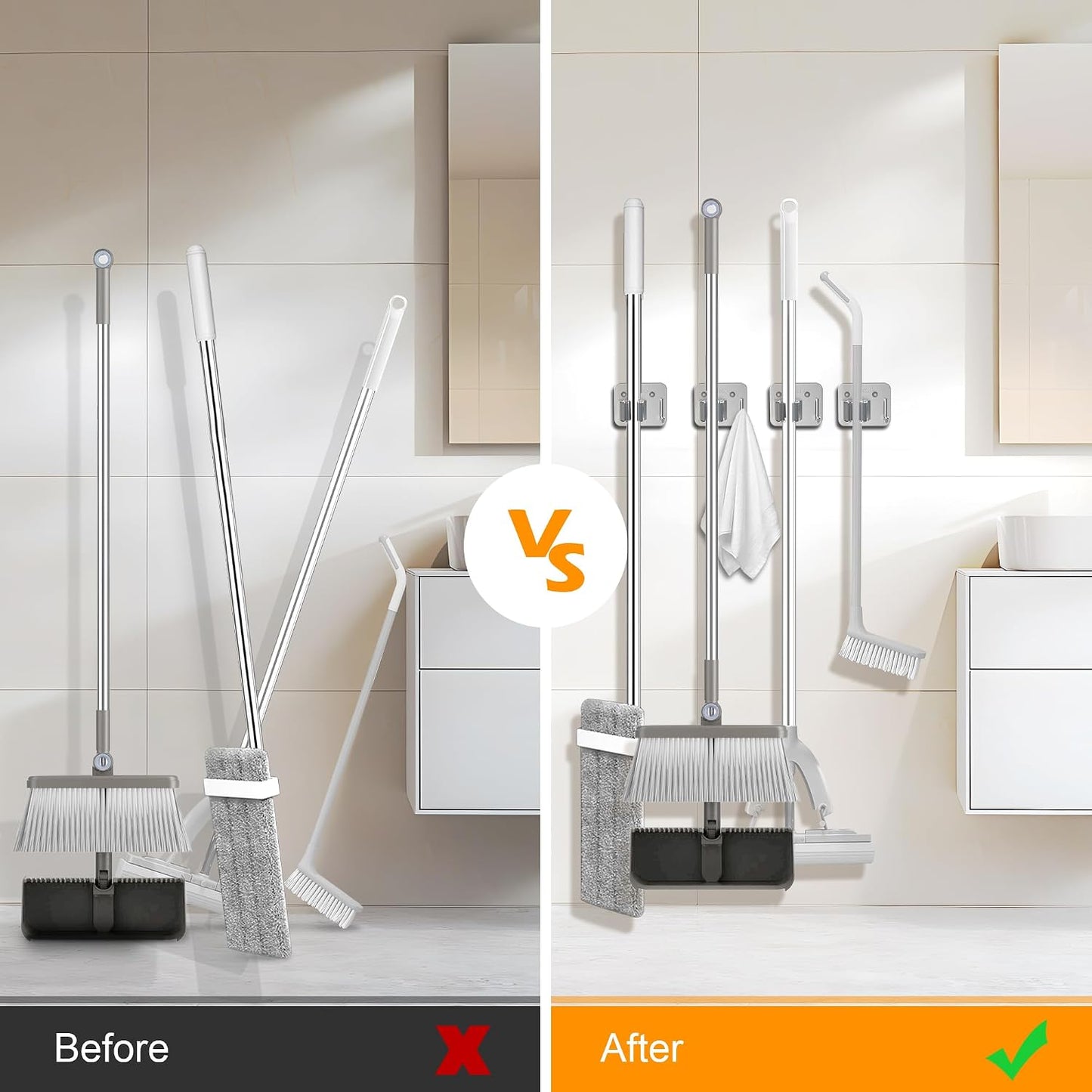 4 Pack Stainless Steel Mop and Broom Holder Wall Mount with Hook, Silver | Screw Drilling or Self Adhesive Storage Rack for Closet Laundry Garage Garden Tool Organizer