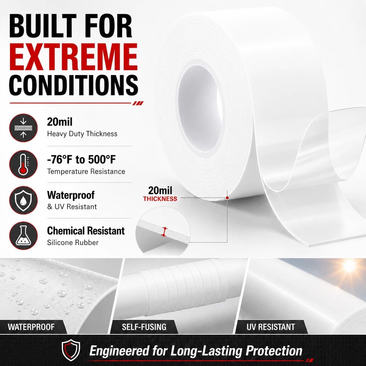Self-Fusing Silicone Sealing Tape, Waterproof Repair Tape for Hose, Pipe, Electrical Cable, High Strength Leak Fix Wrap, Weatherproof Emergency Insulation Tape (1" x 5' x 20mil)
