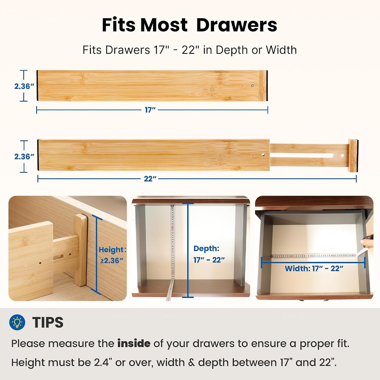 4 Pack 6" Deep Bamboo Drawer Dividers, 17-22" Expandable Kitchen Organizers | Adjustable Spring-Loaded Tension Separators with Foam Pad for Clothes, Utensils, Kitchen, Dresser, Nursery & Bathroom