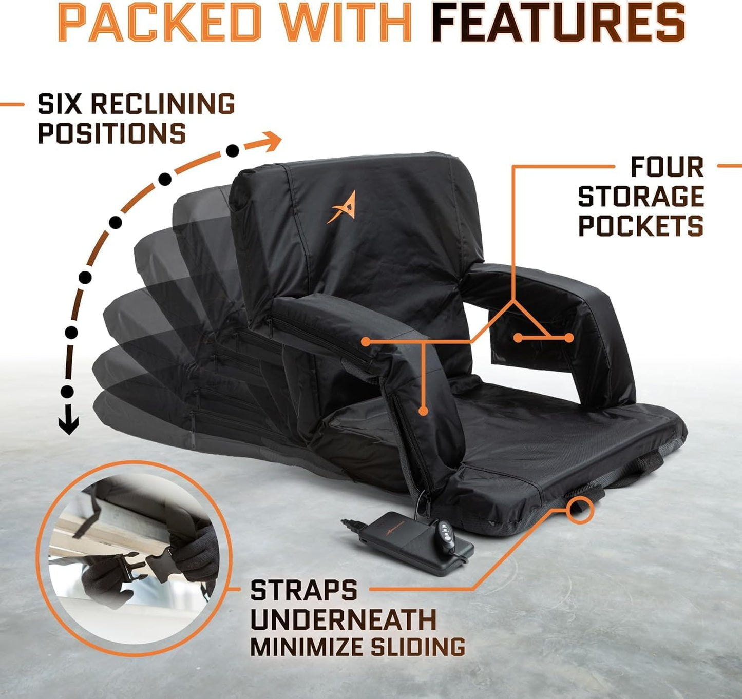 Heated Stadium Seats for Bleachers with Back Support – USB Battery Included - Upgraded 3 Levels of Heat - Foldable Chair - Cushioned, 4 Pockets for Snacks, Cup Holder - for Camping, Games & Sports