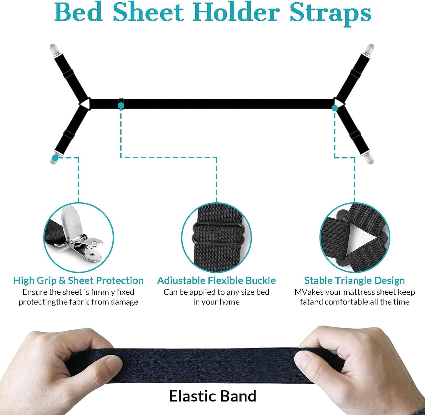 2 Pack Bed Sheet Straps Adjustable Criss - Cross Sheet Holders for Corners Heavy Duty Bed Sheet Clips Fasteners Keep Sheets in Place on Mattress Black