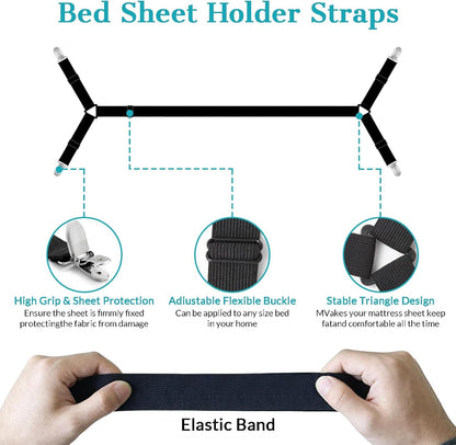 2 Pack Bed Sheet Straps Adjustable Criss - Cross Sheet Holders for Corners Heavy Duty Bed Sheet Clips Fasteners Keep Sheets in Place on Mattress Black