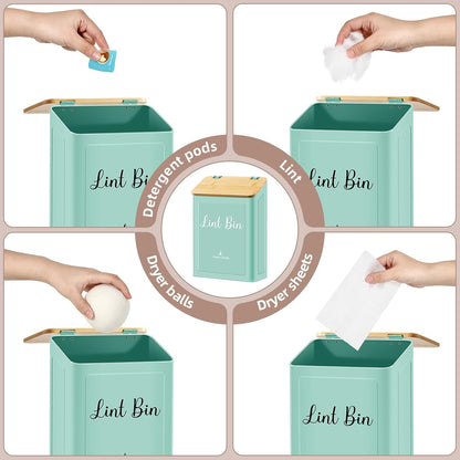 SUBEKYU Magnetic Lint Bin for Laundry Room Organization and Storage,White | Wall Mounted Metal Lint Box Holder Trash Can with Bamboo Lid for Dryer,Lint Basket for Laundry Room Decor
