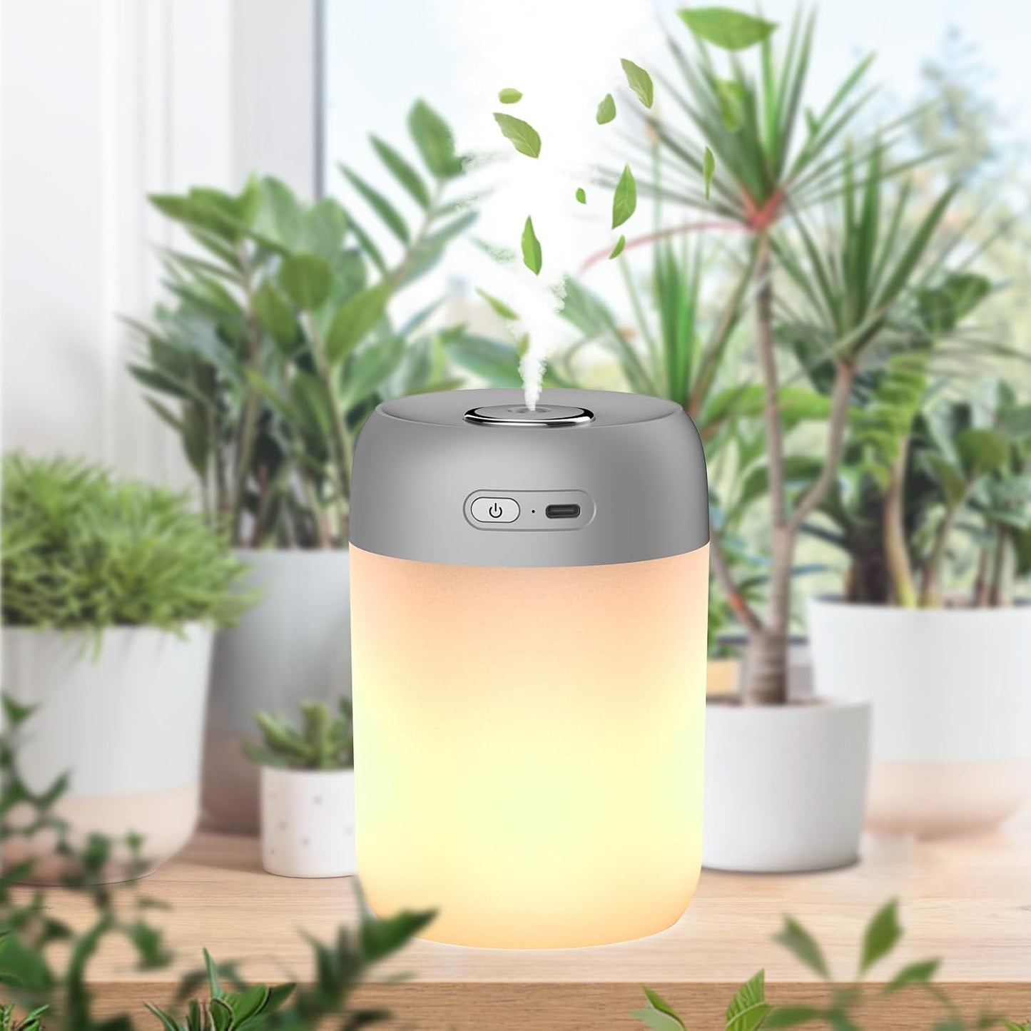 SZO Humidifier for Plants, 650ml Plant Humidifier Indoor, Gray | Small Plant Humidifier with Warm Light for Plants, Bedroom, Office Desktop, Baby Room