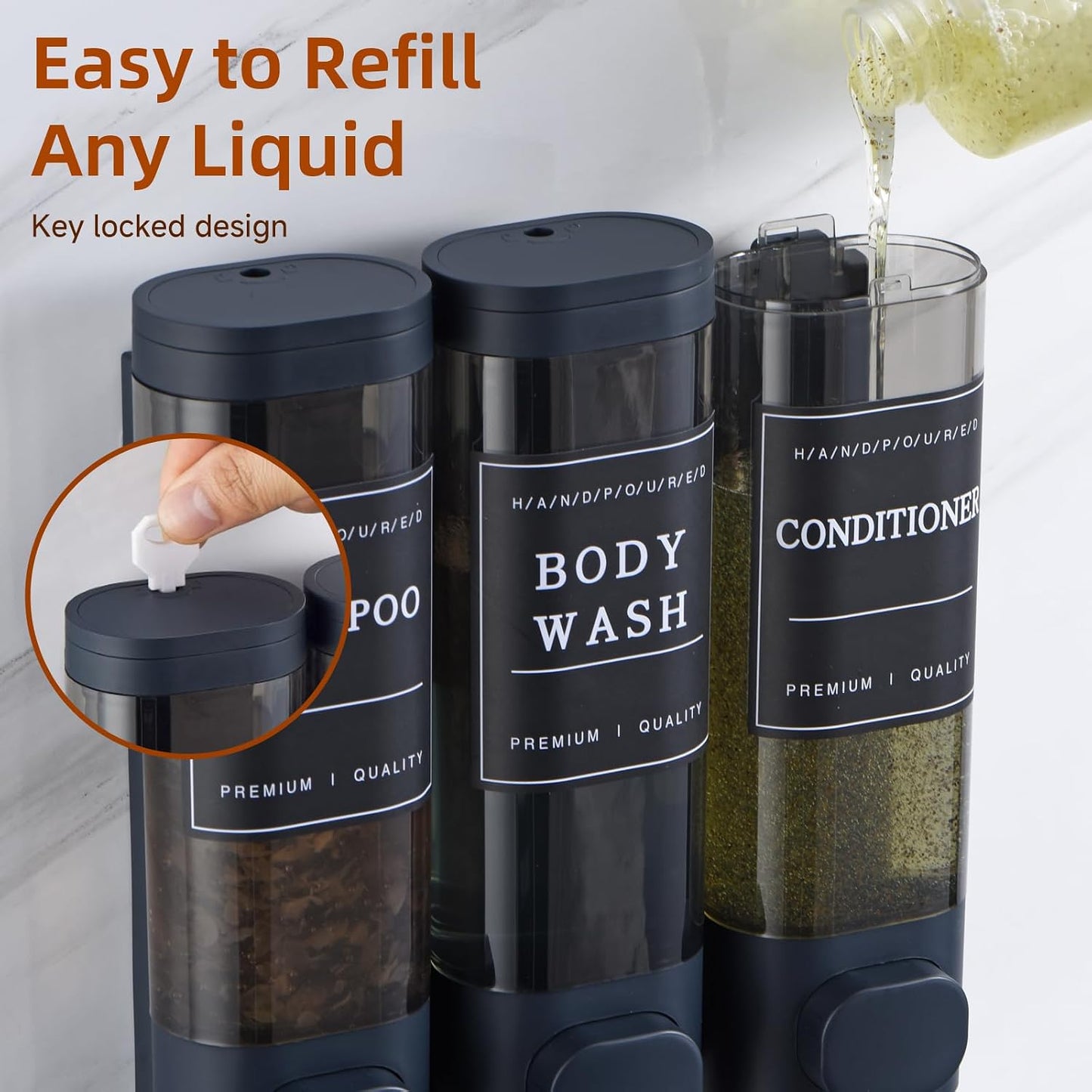 Shampoo and Conditioner Dispenser,Shower Soap Dispenser 3 Chamber No Drill Wall-Mounted for Bathroom & Hotel Leak-Proof Pumps, for Thick Liquids Like Conditioner - 1050ML High Capacity, Dark Blue