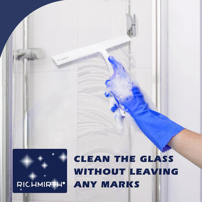 12 Inch Silicone Shower Squeegee for Glass Doors with Microfiber Cloth & Hook, Streak-Free Window Cleaner for Bathroom Mirror Tile Car, No-Scratch Squeegee with Rustproof Metal Core (Black)