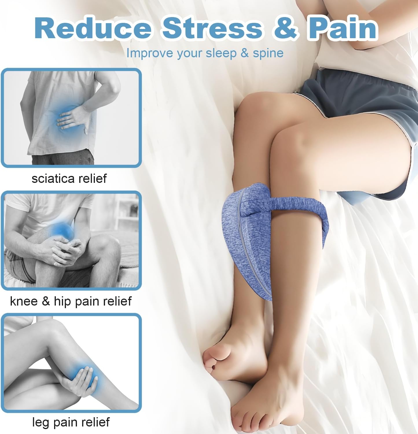 Knee Pillow for Side Sleepers, Leg Pillow for Sleeping, Knee Pillow with Strap, Alignment Pillow Between Legs, Suitable for Relieving Leg, Back & Knee Pain, Machine Washable (Blue)