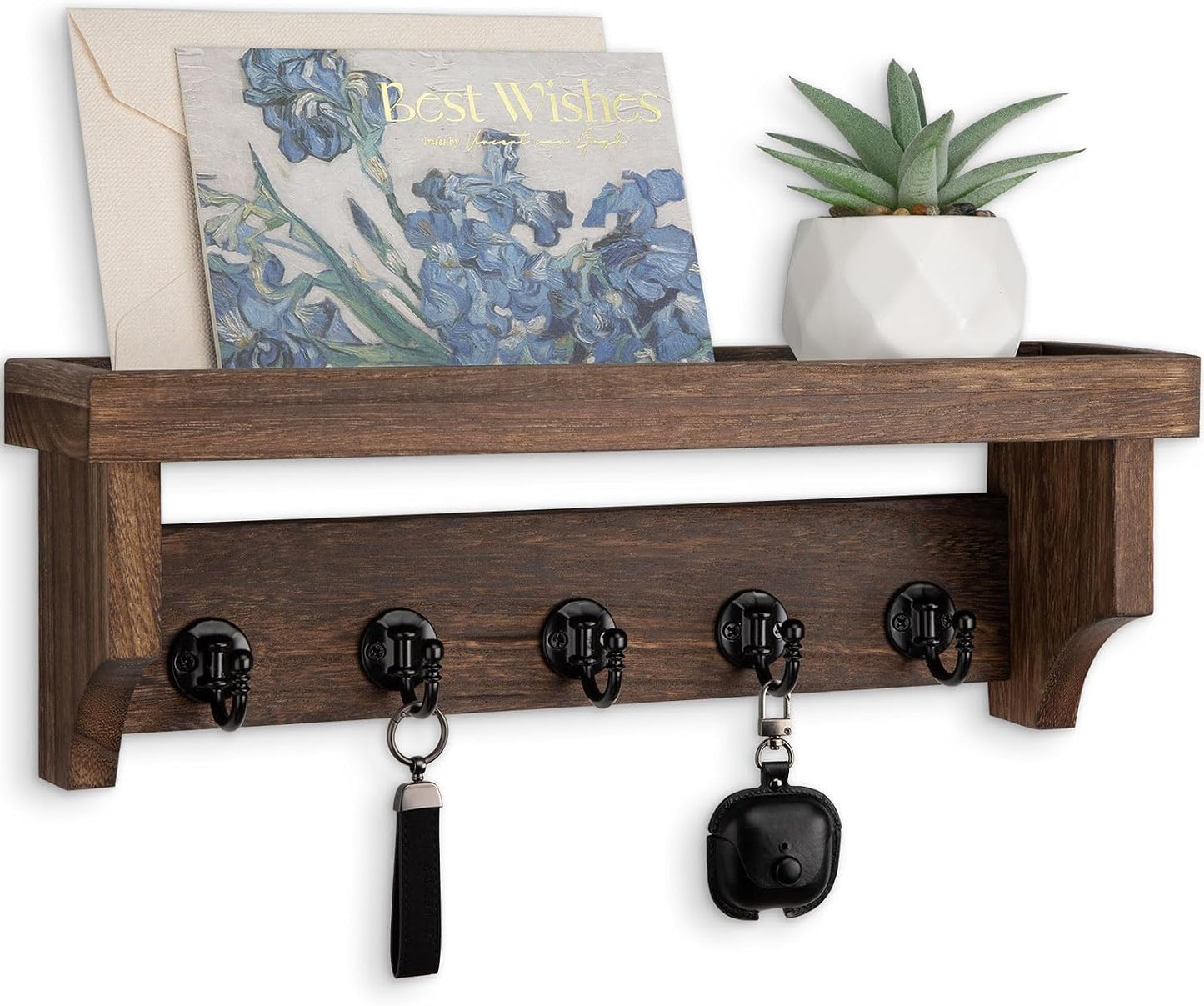 Key and Mail Holder Wall Mount, Mail Organizer with 5 Key Hooks | Key Holder with Shelf, Key Holder for Coat, Dog Leash, Home Decor Rack, Entry Way Organizer