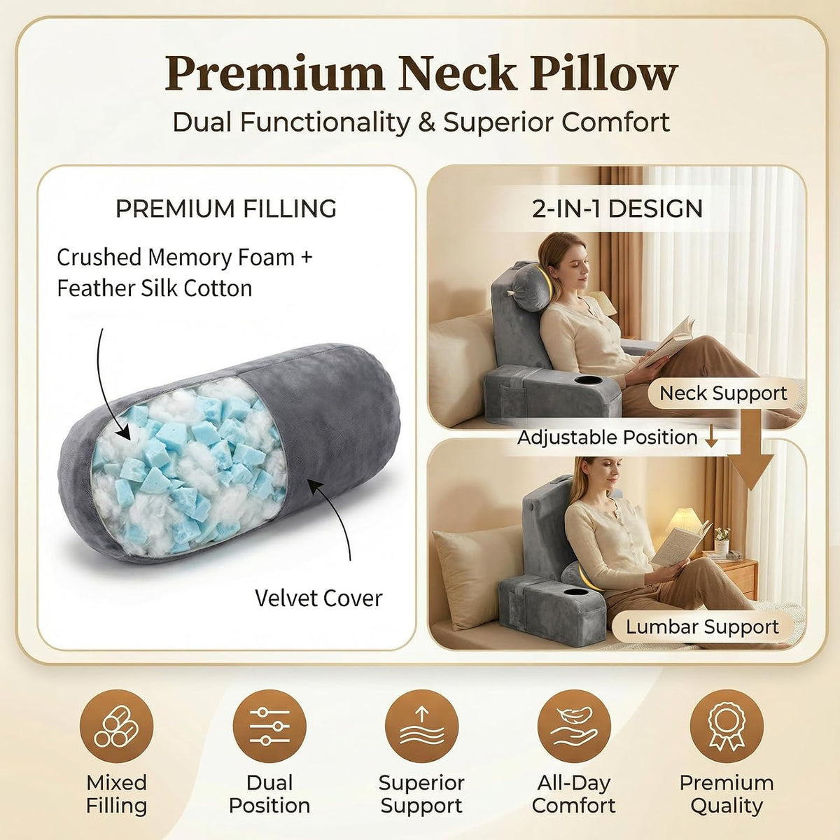 21 INCH Reading Pillow for Adults, Back Pillow for Bed Sitting Up, Backrest Pillow for Sitting in Bed, Detachable Arms with Built-in Cup & Phone Caddy (Gray, 21 INCH)