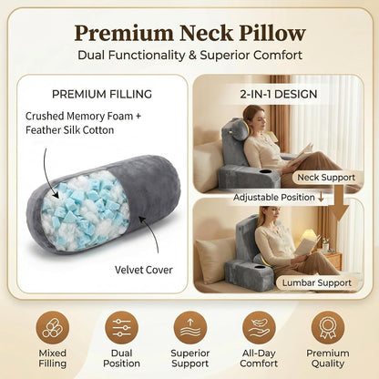 21 INCH Reading Pillow for Adults, Back Pillow for Bed Sitting Up, Backrest Pillow for Sitting in Bed, Detachable Arms with Built-in Cup & Phone Caddy (Gray, 21 INCH)