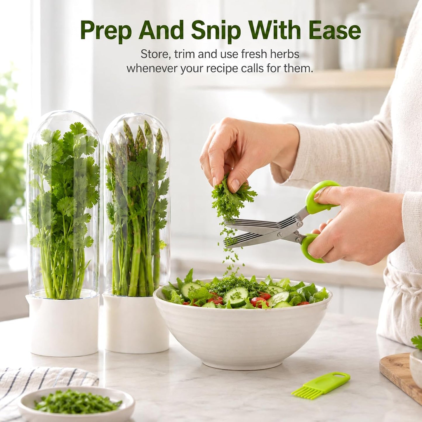 2 Pack Herb Keeper for Refrigerator, Vertical Herb Keeper for Fridge with Scissors, Vegetable Preservation Container for Cilantro, Parsley, Mint&Asparagus, Extends Freshness for 2-3 Weeks