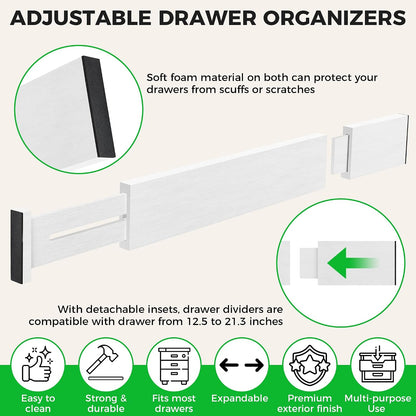 4 Pack Bamboo Drawer Dividers Organizer with Inserts 2.6'' High | Expandable from 12.5-21.7", Adjustable Drawer Organizer Separators for Utensils, Clothing, Office, Dresser, Bedroom, (Beige)