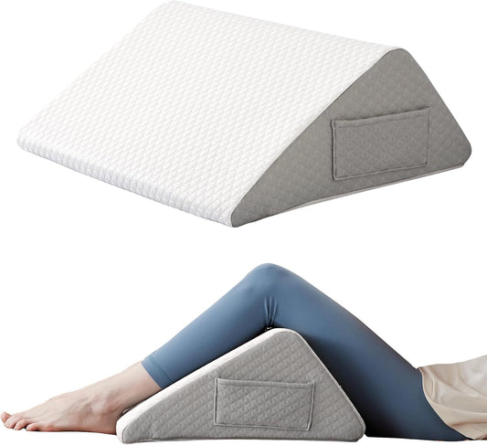 Ruqmuis Knee Pillow for Back Sleeping, 8” Knee Wedge Pillow to Elevate Knee, Leg Pillow for Back Pain Relief, Triangle Pillow, Leg Elevation Pillows for After Surgery, Blood Circulation, White/Grey