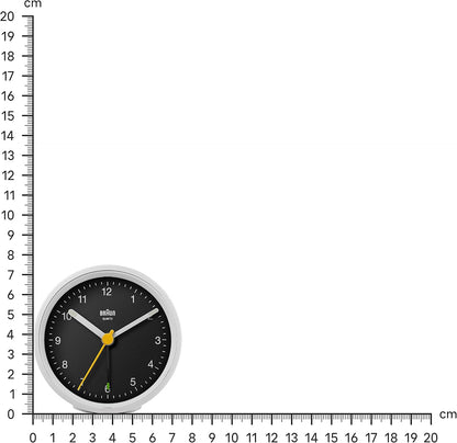 Braun Classic Analogue Alarm Clock with Snooze and Light, Quiet Quartz Movement, Crescendo Beep Alarm in White, Model BC12W.