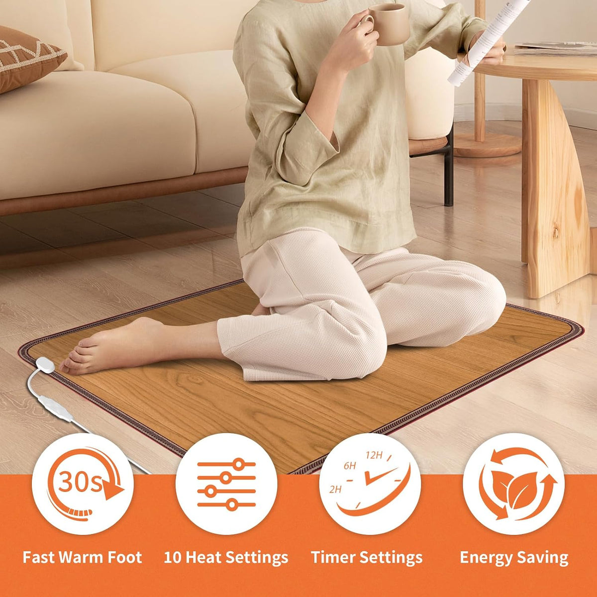 Heated Floor Mat, Foot Warmer Under Desk, Feet Heating Pad with 10 Heat Settings and Timer, Fast Heating for Office, Home, Study Play Room 120V 60W 18.5x14.2 inch SZ