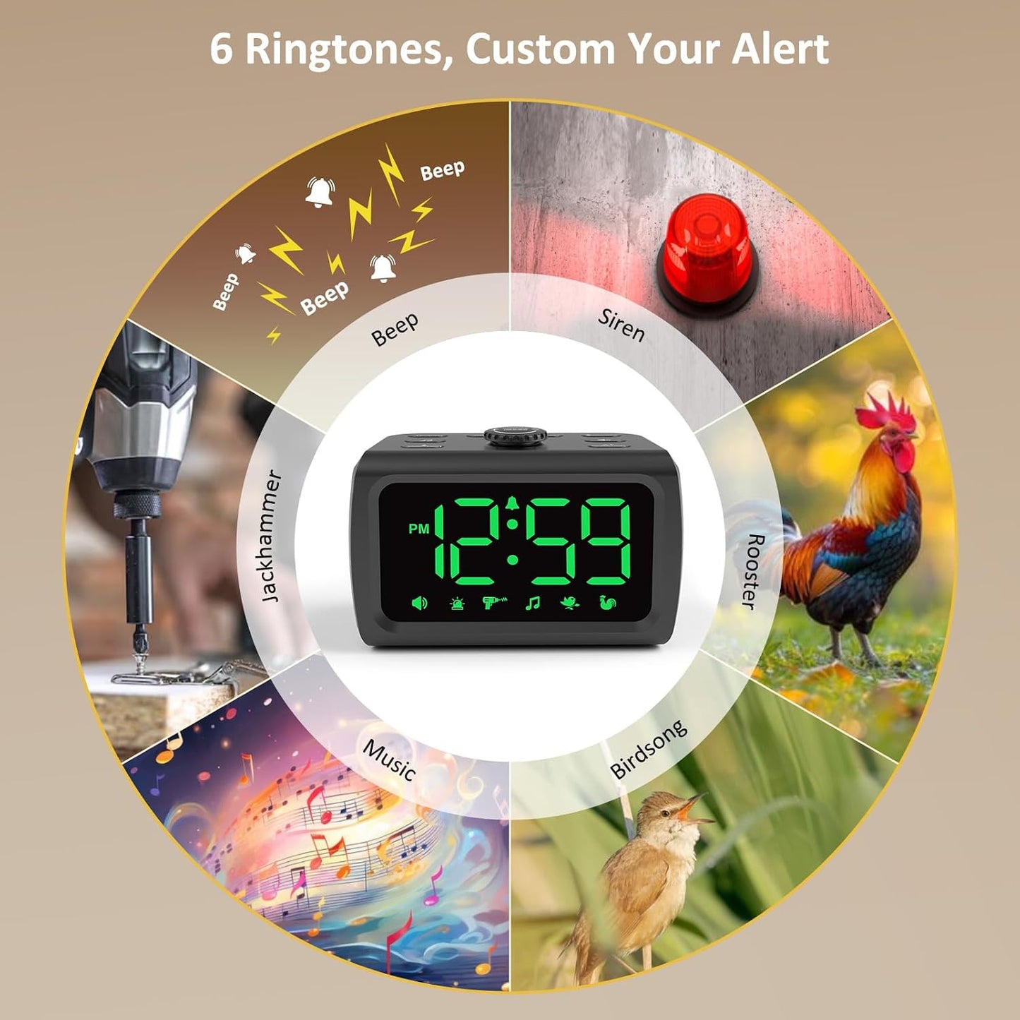 Peakeep 115dB Super Loud Alarm Clock for Heavy Sleepers Adults Teens | Large Display Auto/Manual Brightness for Bedrooms, USB Charger, 6 Wake-up Alarm Sounds Battery Backup, Oversleeping Fix