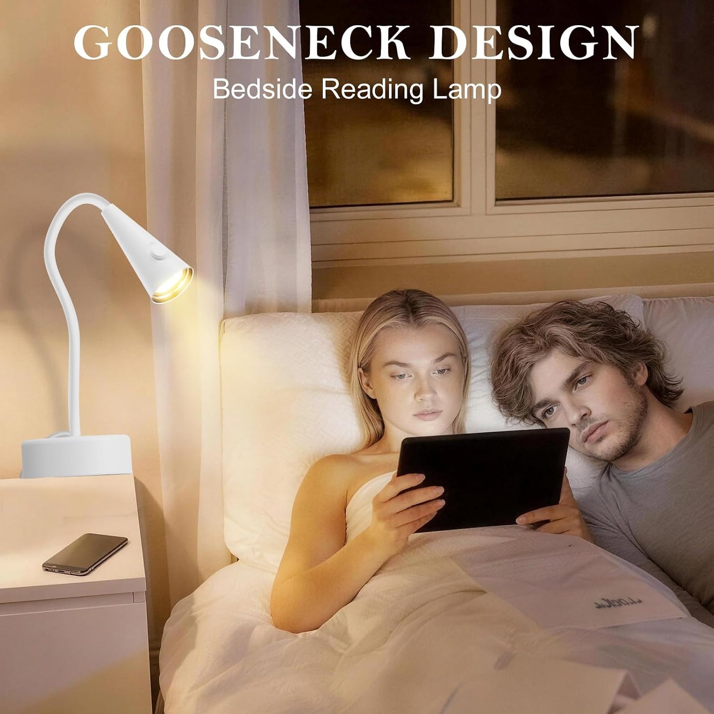 Headboard Reading Light, Black Bedside Lamp, No-Drill Book Light for Bedtime Reading, Dimmable LED, Flexible Gooseneck, 360°Adjustable, Plug-in Reading Lamp Movable-1 Pack