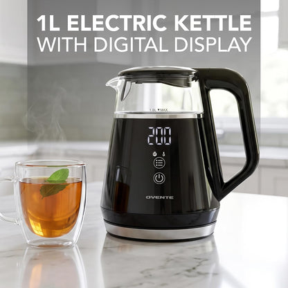 OVENTE 1L Electric Kettle with Temperature Control, 1500W, Black KD95B | Water Boiler With Digital Display, 5Hr Keep Warm, Auto Shut-Off, Double-Wall Cool-Touch Exterior, BPA-Free Borosilicate Glass