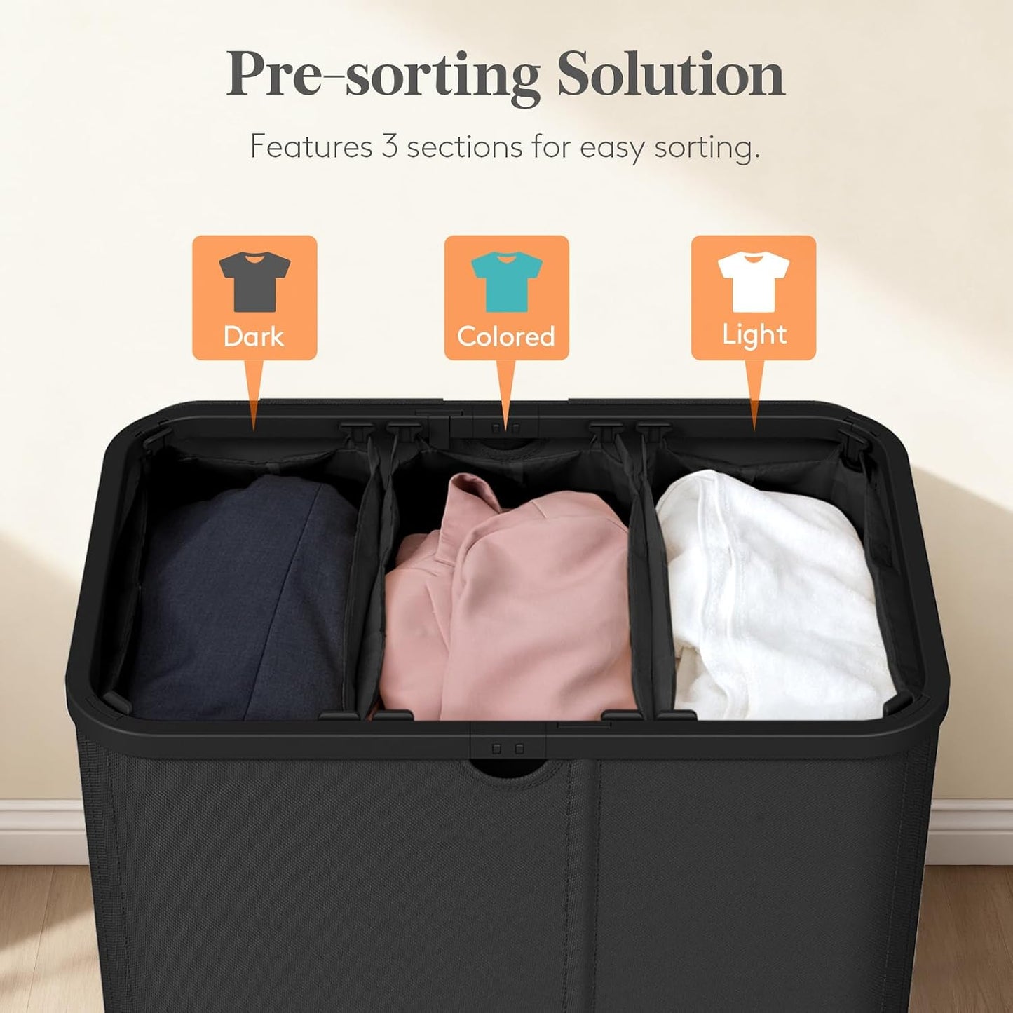 Lifewit 185L 3 Section Laundry Hamper with Lid, Laundry Basket, Beige | Large Foldable Laundry Sorter with 3 Removable Bags, Tall Clothes Hamper for Bedroom and Bathroom