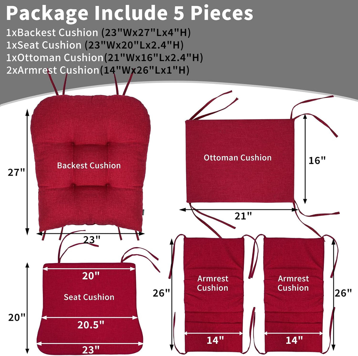 BUYUE Glider Rocker Replacement Cushion 5 PCS with Ties, Linen High-Density Foam Non-Slip & Washable Rocking Chair Pads for Sitting,Red