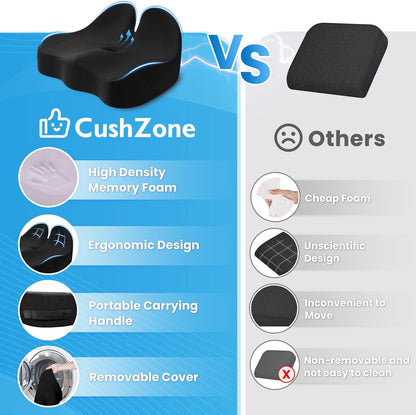 CushZone Ergonomic Seat Cushion, Sciatica Support for Office Chair, Black