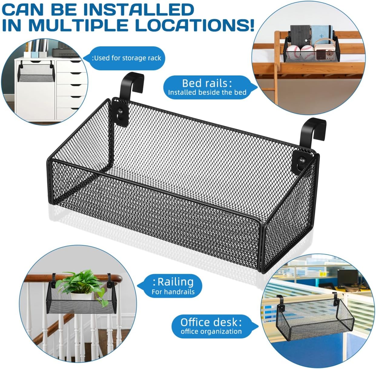 Luxshiny Bedside Hanging Storage Basket, Beside Shelf Metal Organizer Rack | No Drilling Required, Attaches to Bed Frame or Desk, Stores Phone and Books, 1 Basket with 10 Hooks