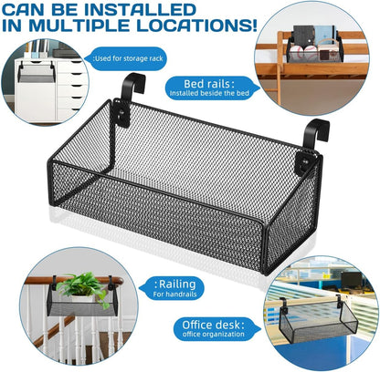 Luxshiny Bedside Hanging Storage Basket, Beside Shelf Metal Organizer Rack | No Drilling Required, Attaches to Bed Frame or Desk, Stores Phone and Books, 1 Basket with 10 Hooks