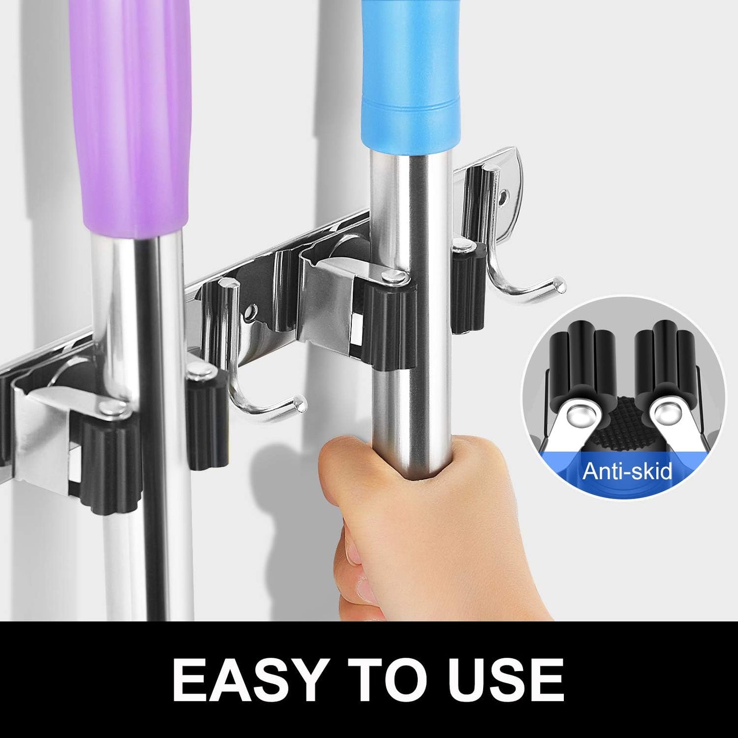 IMILLET Broom Holder Wall Mount, Heavy Duty Garage Organization Mop Hanger | Stainless Steel Broom and Mop Organizer Wall Hanging Self Adhesive for Laundry Room,Garden,Utility