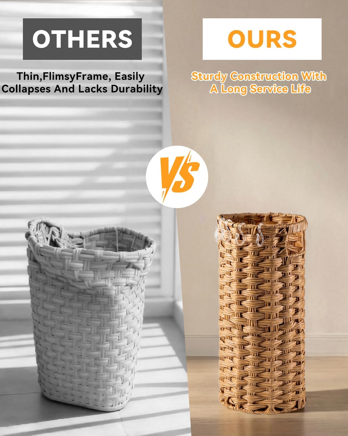 Rattan Umbrella Stand for Entryway,Hand-Woven Umbrella Holder Indoor with Doormat, Removable Drip Tray & 4 Hooks,Waterproof Umbrella Storage Basket