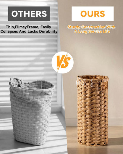 Rattan Umbrella Stand for Entryway,Hand-Woven Umbrella Holder Indoor with Doormat, Removable Drip Tray & 4 Hooks,Waterproof Umbrella Storage Basket