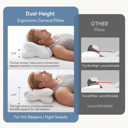 DUMOS 2-in-1 Contoured Neck Pillow, Slow Rebound Cooling Memory Foam with Detachable Round Support Roll, Multi Support Bolster for Neck Waist Ankle, Washable Cover for Side Back Stomach Sleepers White