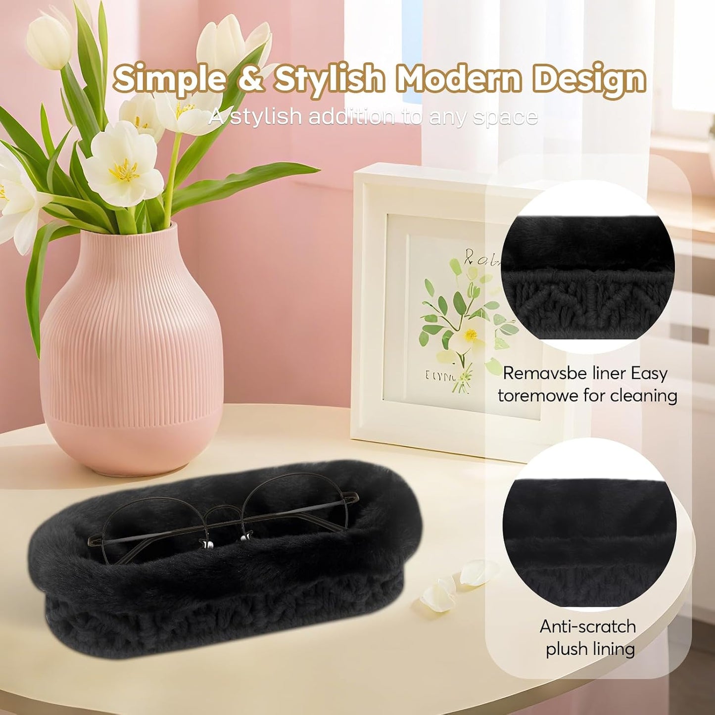 Glasses Holder, Anti-scratch Plush Lined Eyeglass Holder Stand | Oval Eye-glasses Storage Organizer Case for Nightstand, Office Desk, Bedside Table, Beige