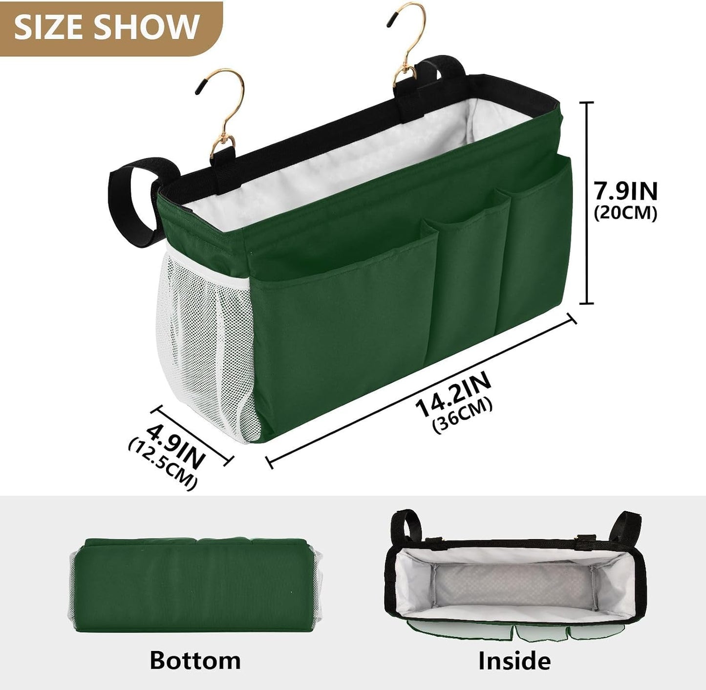 Forest Green Bedside Caddy Bedside Storage Organizer Hanging Storage Bag for Bunk and Hospital Beds, Dorm Rooms Bed Rails