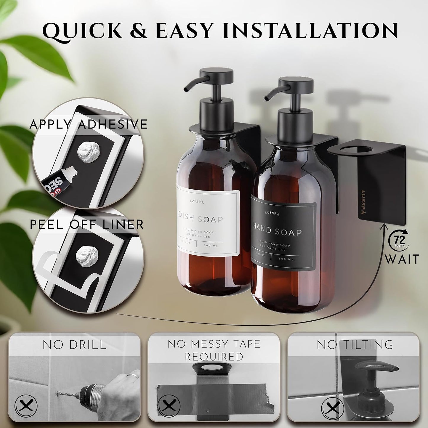 Shower Shampoo Dispenser Wall Mounted – 3 Refillable 16.9 oz Clear Bottles with Stainless Steel Pumps & No-Drill Adhesive Holders – Soap Dispenser Set for Bathroom (3 X Clear/Silver)
