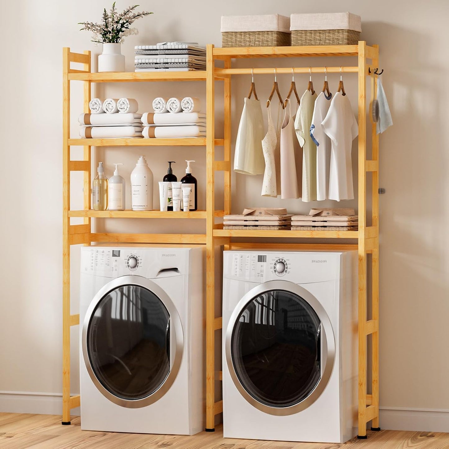 Cozivolife Over The Washer Dryer Storage Shelf: Bamboo 5 Tiers (Natural) | Laundry Room Drying Rack with Adjustable Shelves and 4 Hooks - Space Saver Organizer for Hanging Clothes and Towels