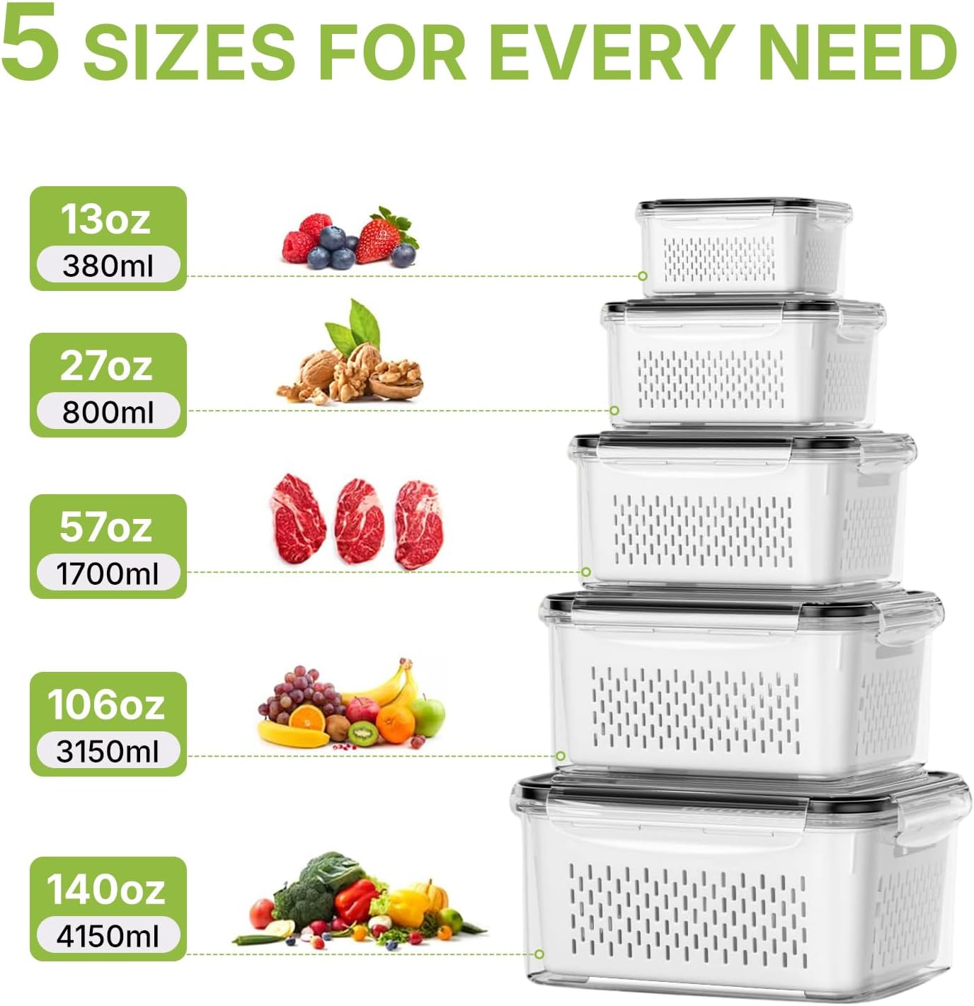 5 Pack Large Fruit Storage Containers for Fridge, Leakproof Produce Containers with Removable Colanders, Dishwasher Safe Fridge Organizers and Storage, Keep Berry, Vegetables Fresh Longer