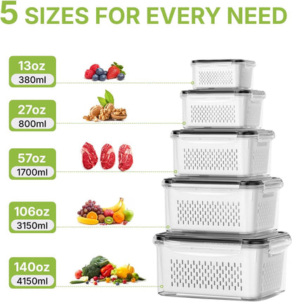 5 Pack Large Fruit Storage Containers for Fridge, Leakproof Produce Containers with Removable Colanders, Dishwasher Safe Fridge Organizers and Storage, Keep Berry, Vegetables Fresh Longer