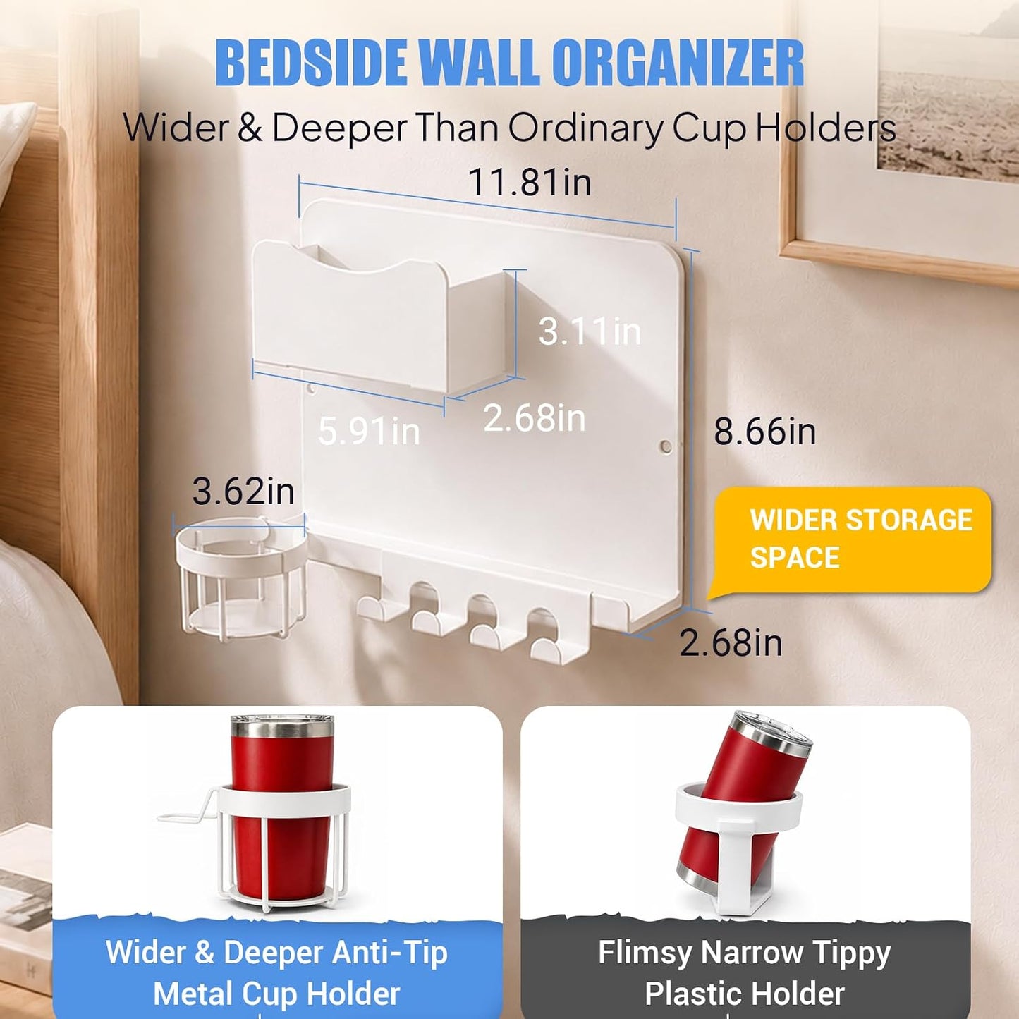Metal Bedside Wall Shelf, No Drill Floating Bedside Shelf Wall Organizer | Bedside Wall Shelf with Detachable Cup Holder for Bedroom, Dorm, Nightstand Alternative, Bunk Bed Accessories & RV Storage