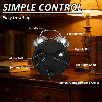 4.5" Metal Loud Alarm Clock for Heavy Sleepers Adults, Analog Battery Operated Alarm Clock with Bells Glow in Dark Numbers, Silent Old School Bedside Desk Clock for Bedroom Office Kids, Black