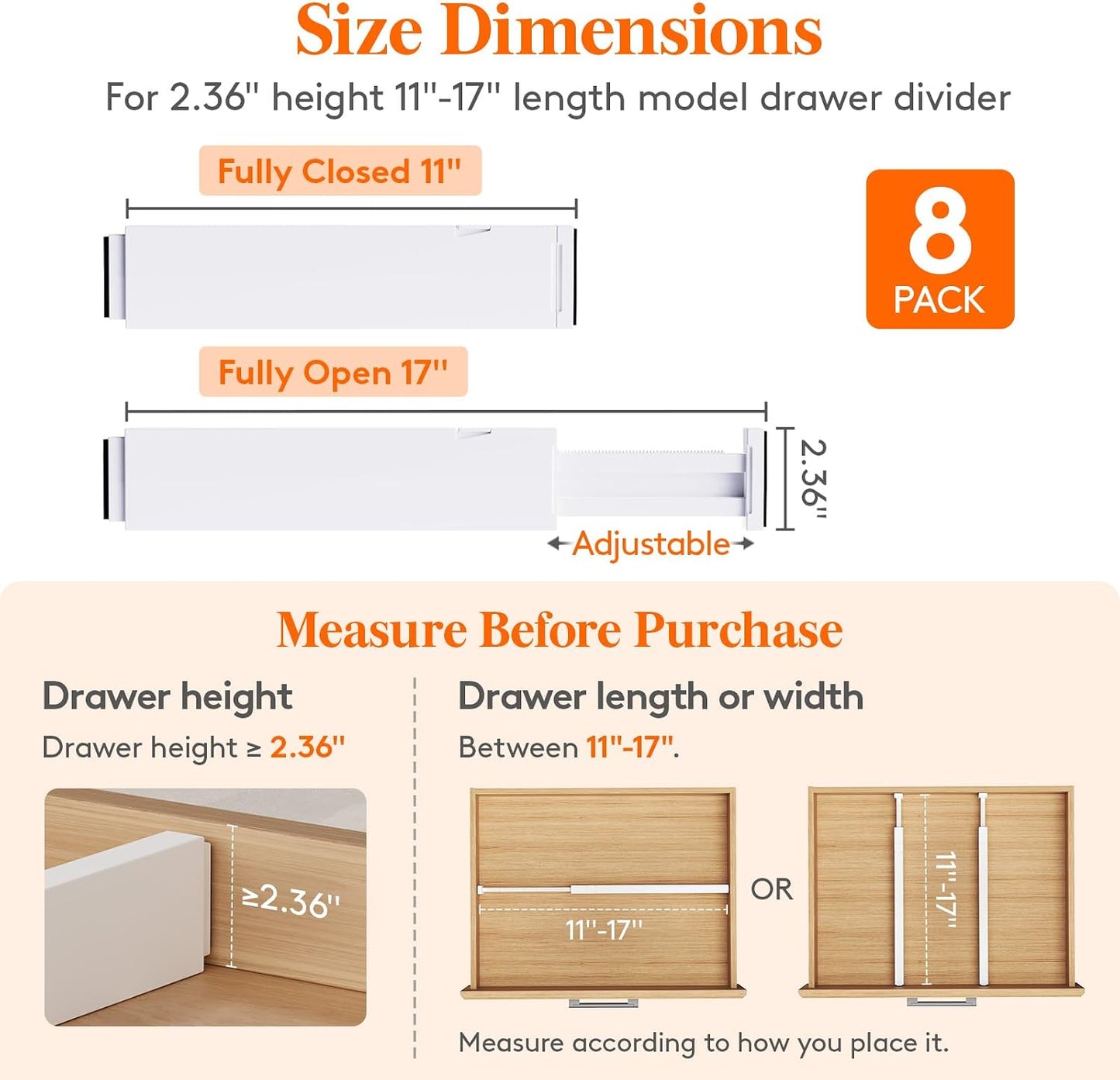 Lifewit 5 Pack Upgrade Drawer Dividers for Clothes, 4" High 11"-17" Adjustable Dresser Drawer Organizers, Expandable White Plastic Drawer Separators for Kitchen, Nursery, Office Organization & Storage | 5 Pack 11"-17" Expandable White Plastic Drawer