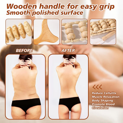Wood Therapy Tools for Body Shaping,8 in 1 Wood Therapy Massage Tools,Wooden Gua Sha Tools,Lymphatic Drainage Massager,Maderoterapia kit,Wooden Massager Roller Rope for Body Shaping, Beige