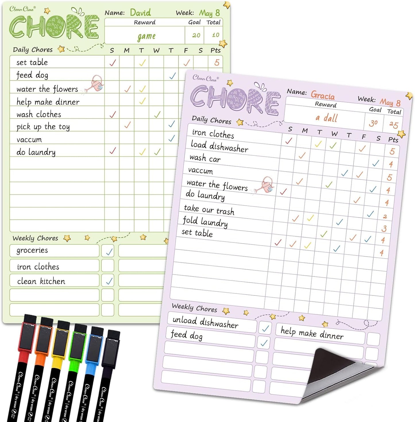 Magnetic Dry Erase Chore Chart - 8.5"x12" Behavior Responsibility Chore Board for Kids, Teenagers - 6 Extra Fine Point Markers Included - Shipped Flat 3 Pcs Blue Pink & Green