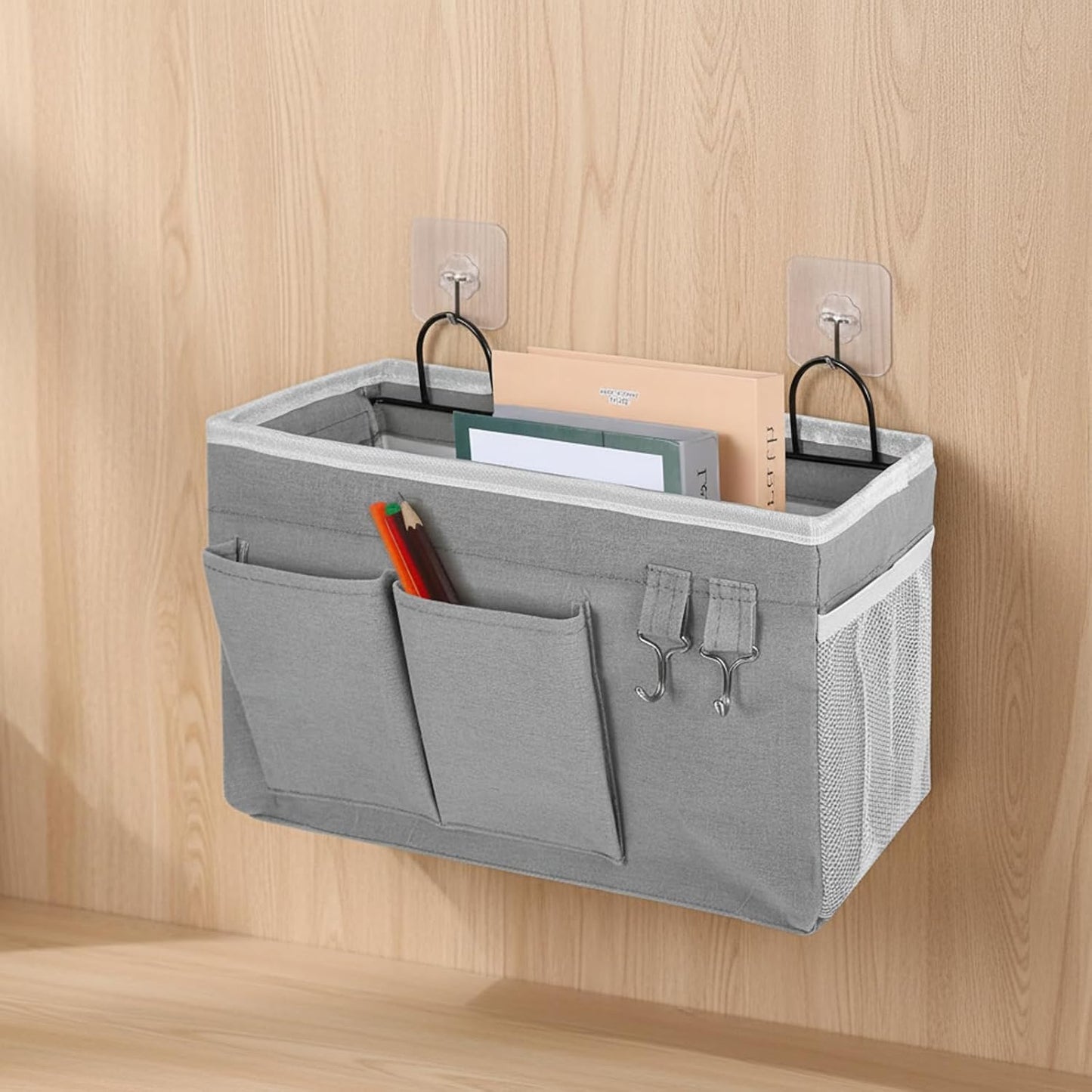 Bedside Storage Caddy with Metal Hooks,Hanging Bedside Organizer | Large Capacity Bag for Dorm Bunk Bed Headboard, Remote Phone Book Holder (Grey) (2)