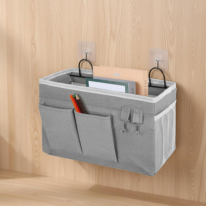 Bedside Storage Caddy with Metal Hooks,Hanging Bedside Organizer | Large Capacity Bag for Dorm Bunk Bed Headboard, Remote Phone Book Holder (Grey) (2)