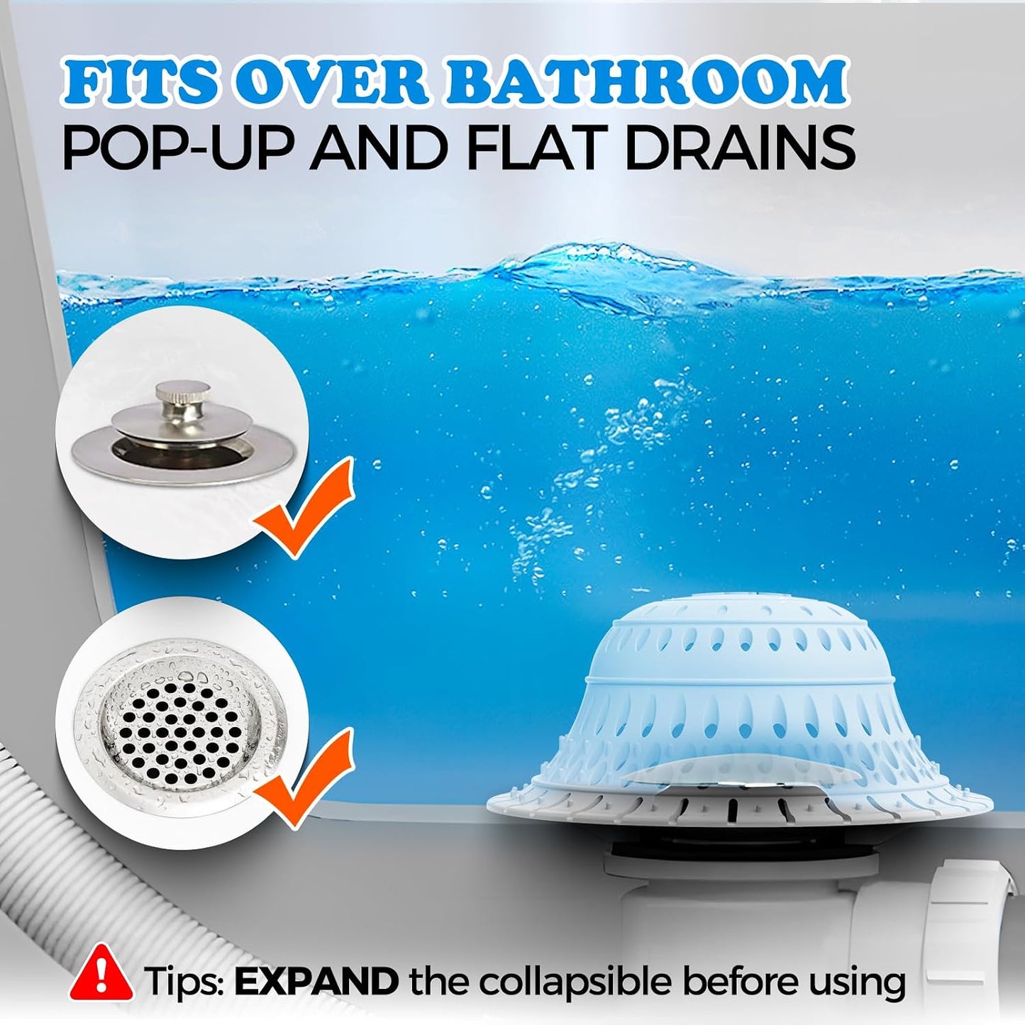 Bathtub Drain Strainer Silicone Bathroom Stopper Fixture Accessories | 2-Pack Gray Collapsible Shower Drain Hair Catcher for Pop Up Tubs, Traps Hair Before Clogs, Easy Clean for Bathroom Sinks